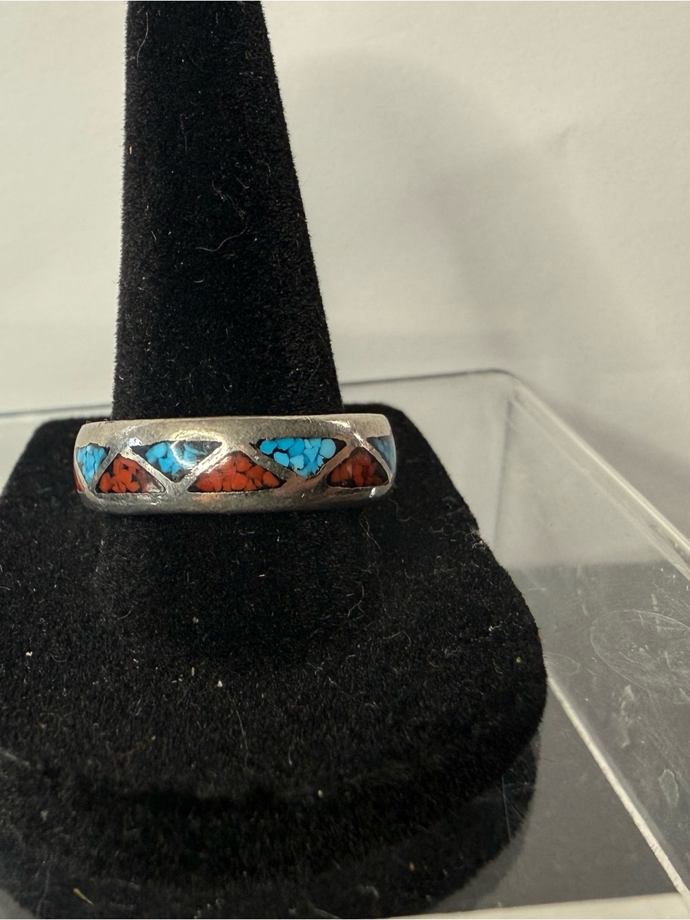 VTG Sterling Silver Turquoise & Coral Inlay Band Ring